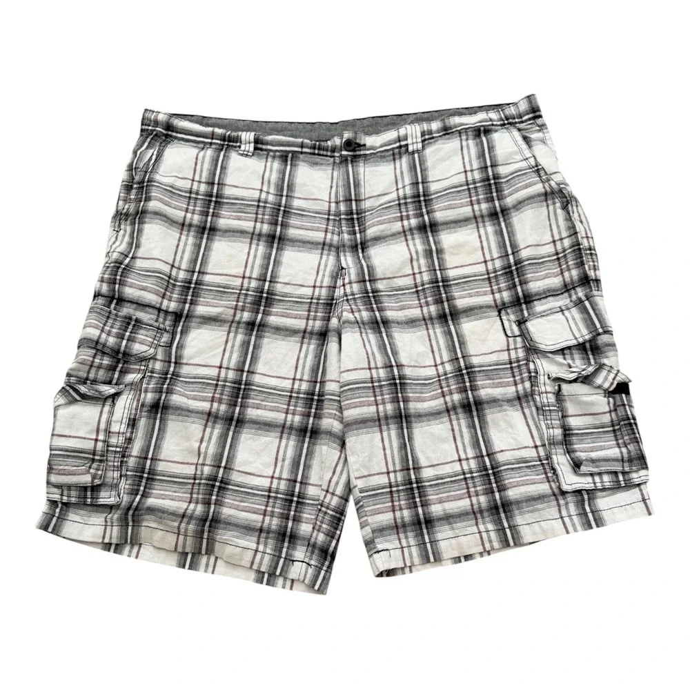 BURNSIDE Men's Plaid Cargo Multi Pockets Casual White Black Red Shorts-Size 48
